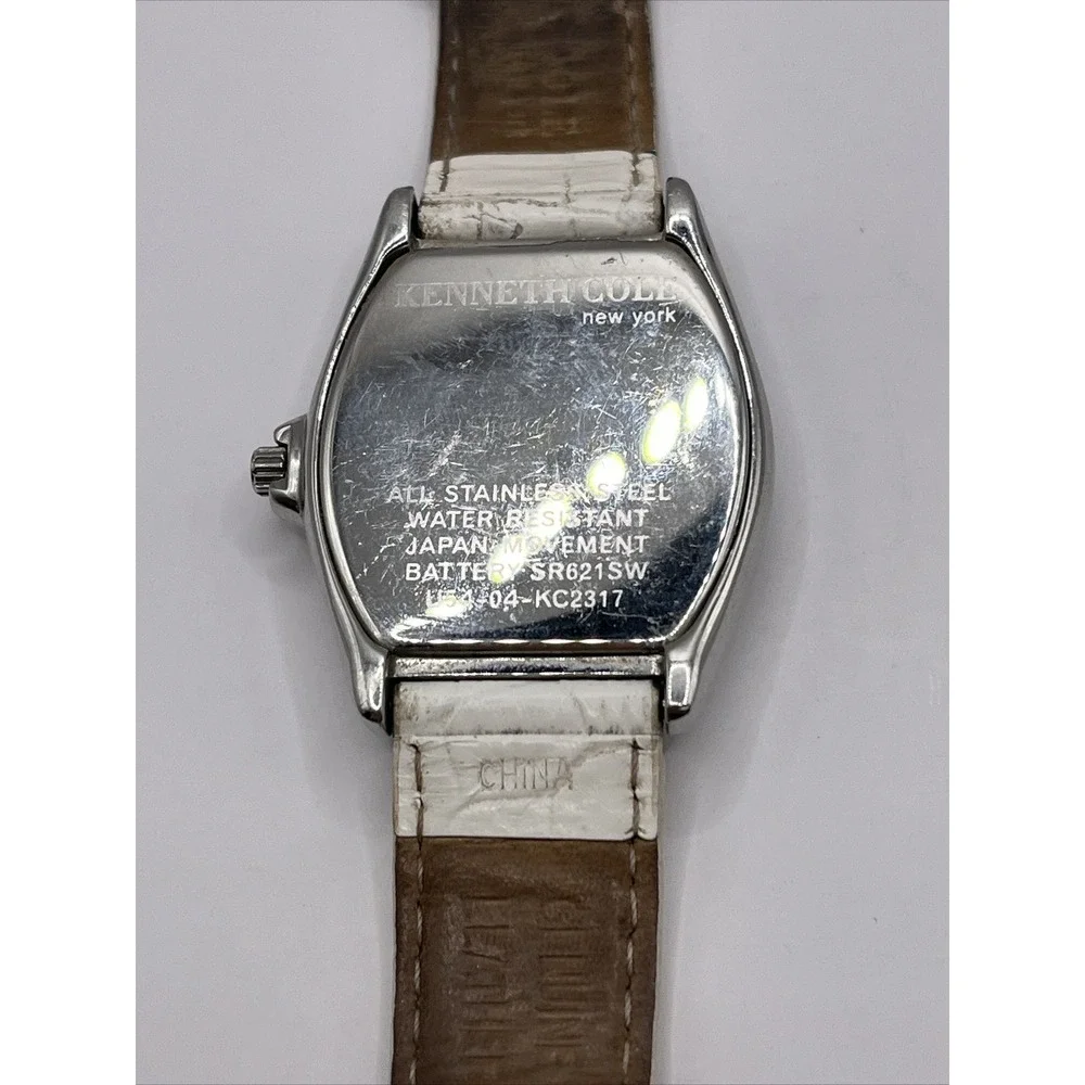 Kenneth Cole KC2317 Womens‎ White Tonneau Multifunction Silver Dial Leather Band